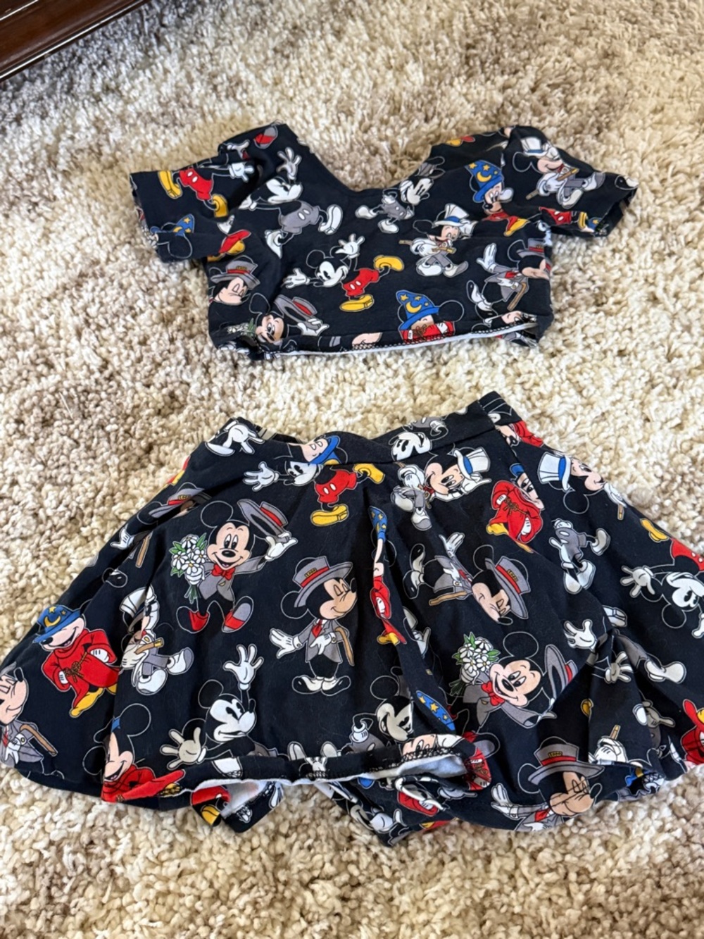 Black Mickey Mouse Two-Piece Crop Top & Skirt Set